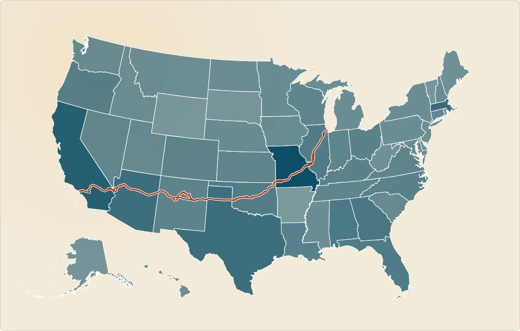 Auto Detailing Guide U.S. coverage map with Historic Route 66 overlay