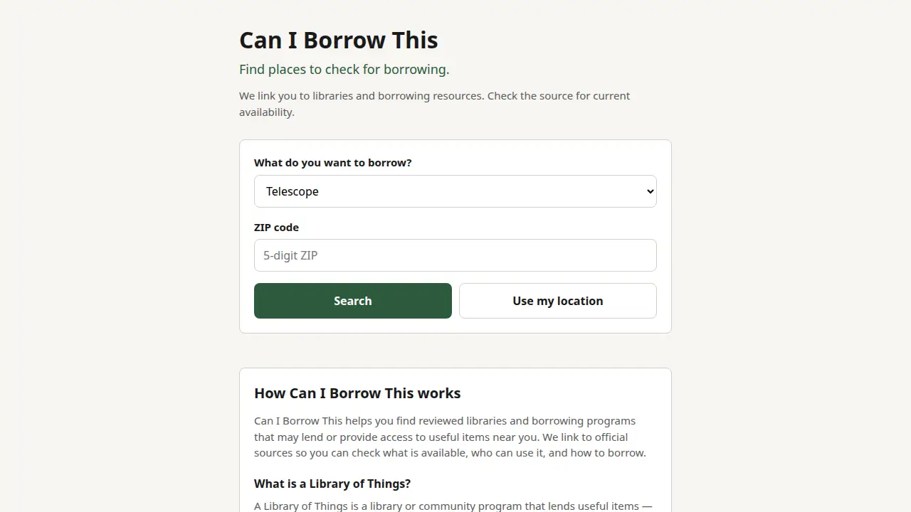 Can I Borrow This search form for item type and ZIP code