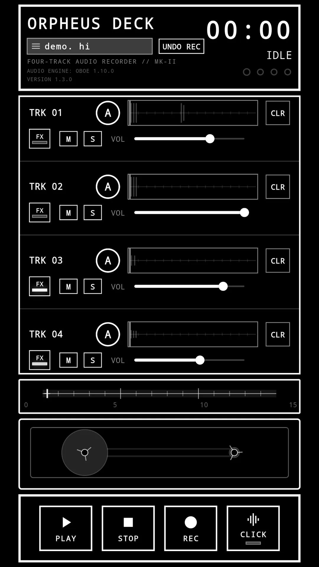 Orpheus Deck main four-track recorder interface from the current Android app