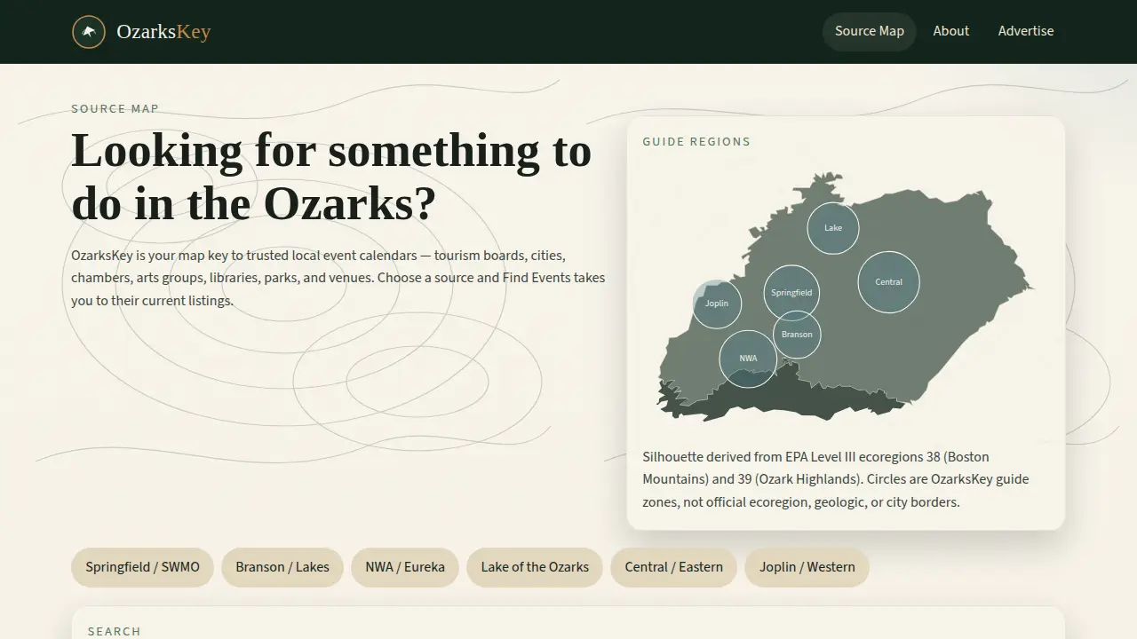OzarksKey source map with regional discovery and search interface